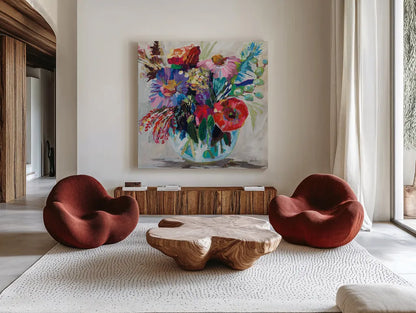 Garden Fiesta by Jeanette Vertentes. Shown as extra-large giant wall art in a modern living room. Available as an archival giclee rolled canvas, fine art paper, or poster print. SKU 88394a.