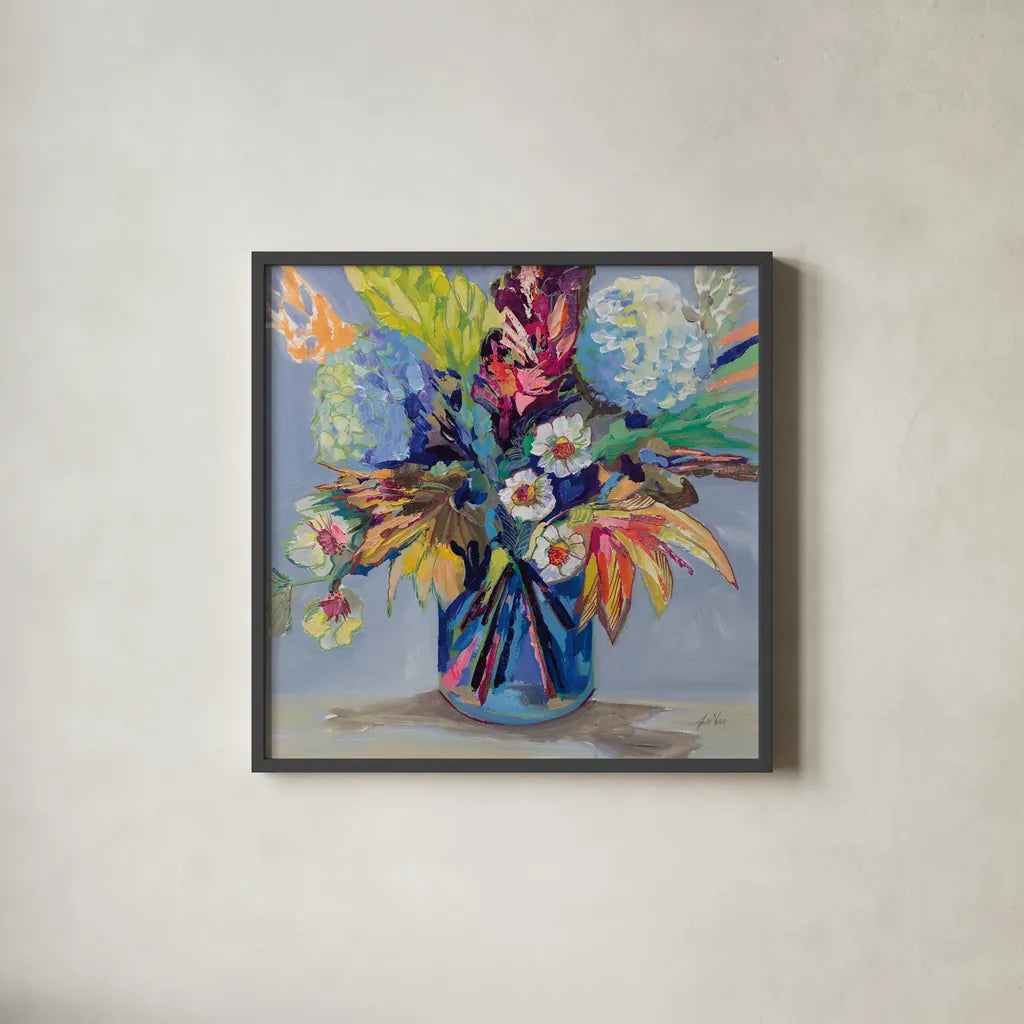 Garden Joy by Jeanette Vertentes. Shown in a sleek black glass frame for a contemporary gallery look. Available as an archival giclee rolled canvas, fine art paper, or poster print. SKU 100307a.