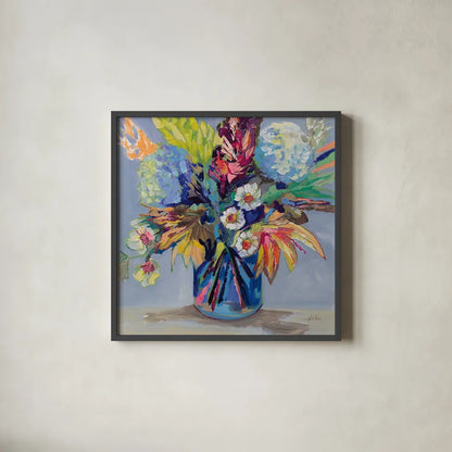 Garden Joy by Jeanette Vertentes. Shown in a sleek black glass frame for a contemporary gallery look. Available as an archival giclee rolled canvas, fine art paper, or poster print. SKU 100307a.