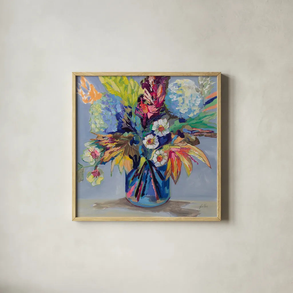 Garden Joy by Jeanette Vertentes. Shown in a natural wood glass frame for a timeless modern aesthetic. Available as an archival giclee rolled canvas, fine art paper, or poster print. SKU 100307a.