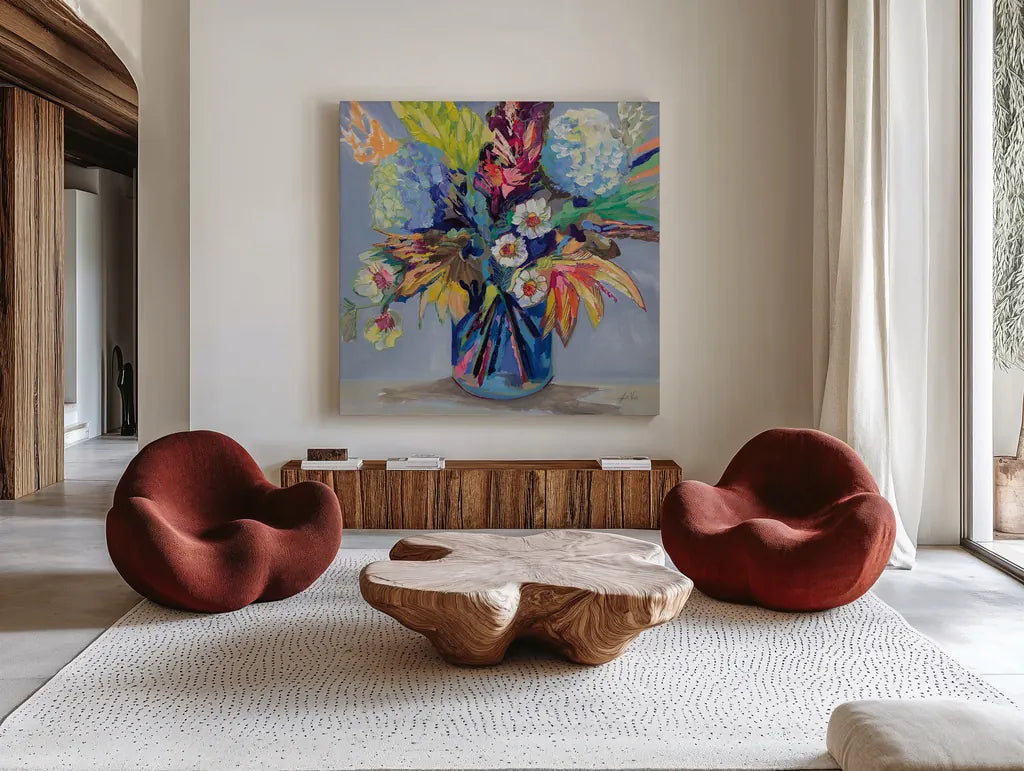 Garden Joy by Jeanette Vertentes. Shown as extra-large giant wall art in a modern living room. Available as an archival giclee rolled canvas, fine art paper, or poster print. SKU 100307a.