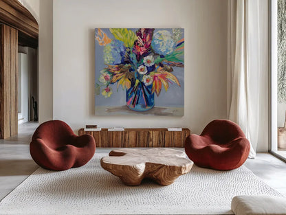Garden Joy by Jeanette Vertentes. Shown as extra-large giant wall art in a modern living room. Available as an archival giclee rolled canvas, fine art paper, or poster print. SKU 100307a.