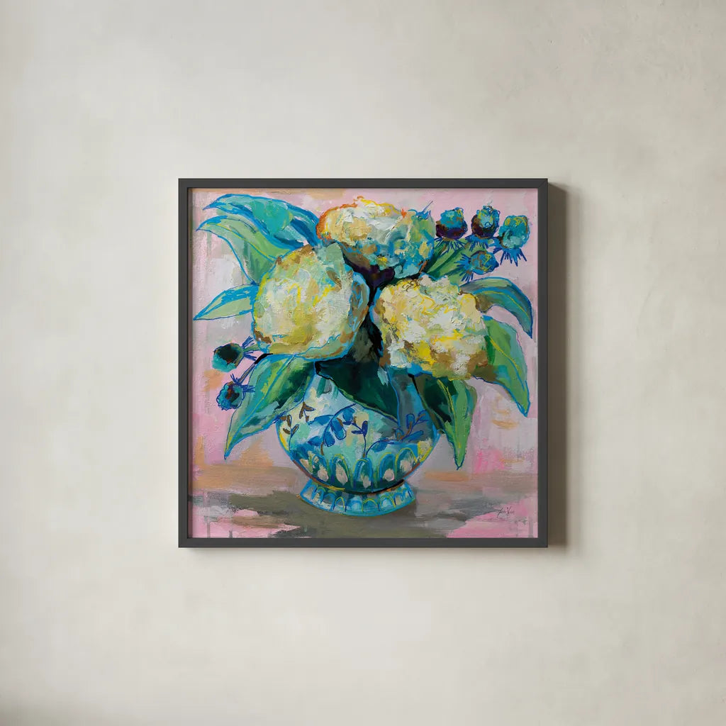 Ginger Jar I by Jeanette Vertentes. Shown in a sleek black glass frame for a contemporary gallery look. Available as an archival giclee rolled canvas, fine art paper, or poster print. SKU 53237a.