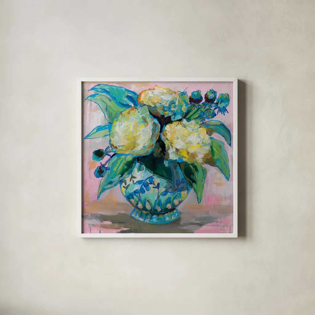 Ginger Jar I by Jeanette Vertentes. Shown in a crisp white glass frame for a clean and minimalist style. Available as an archival giclee rolled canvas, fine art paper, or poster print. SKU 53237a.