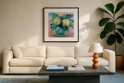 Ginger Jar I by Jeanette Vertentes. Displayed in a glass frame with matte in a clean modern living room. Available as an archival giclee rolled canvas, fine art paper, or poster print. SKU 53237a.