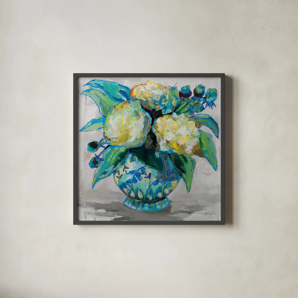 Ginger Jar I Gray by Jeanette Vertentes. Shown in a sleek black glass frame for a contemporary gallery look. Available as an archival giclee rolled canvas, fine art paper, or poster print. SKU 54308a.
