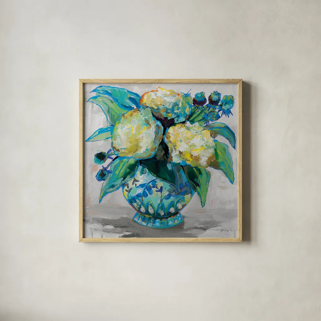 Ginger Jar I Gray by Jeanette Vertentes. Shown in a natural wood glass frame for a timeless modern aesthetic. Available as an archival giclee rolled canvas, fine art paper, or poster print. SKU 54308a.