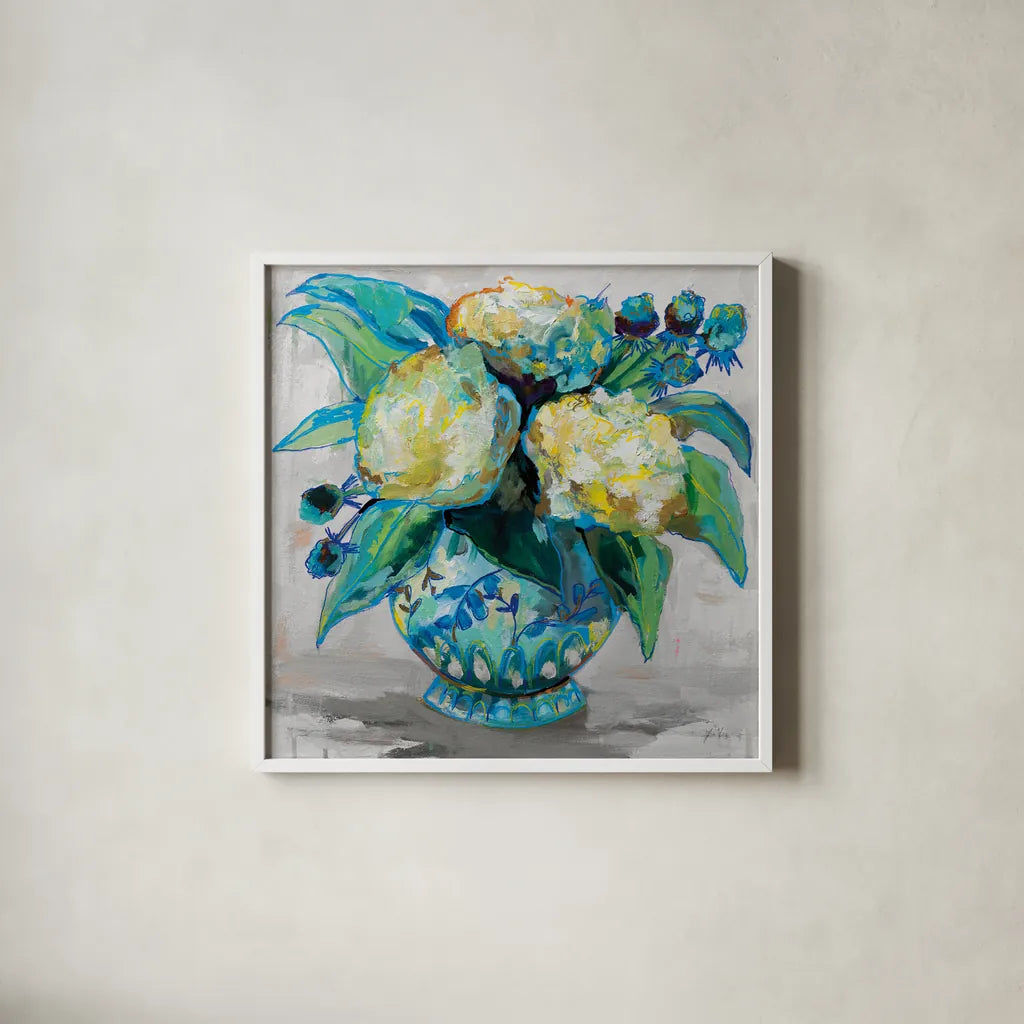 Ginger Jar I Gray by Jeanette Vertentes. Shown in a crisp white glass frame for a clean and minimalist style. Available as an archival giclee rolled canvas, fine art paper, or poster print. SKU 54308a.