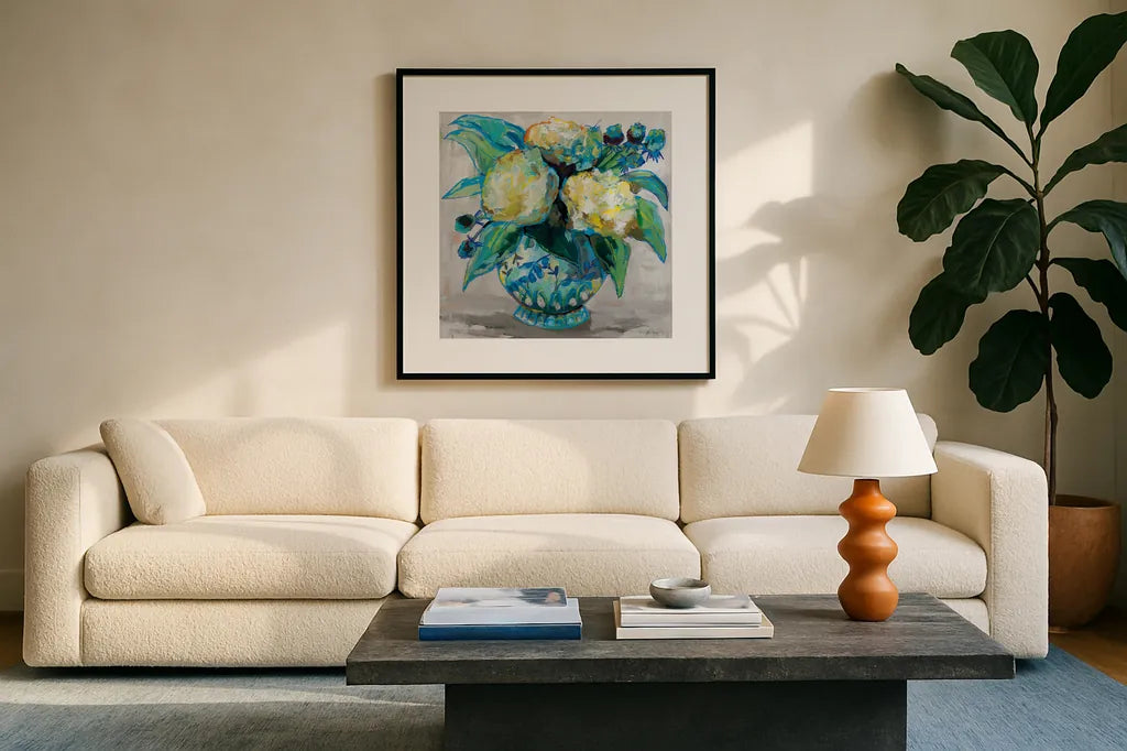 Ginger Jar I Gray by Jeanette Vertentes. Displayed in a glass frame with matte in a clean modern living room. Available as an archival giclee rolled canvas, fine art paper, or poster print. SKU 54308a.