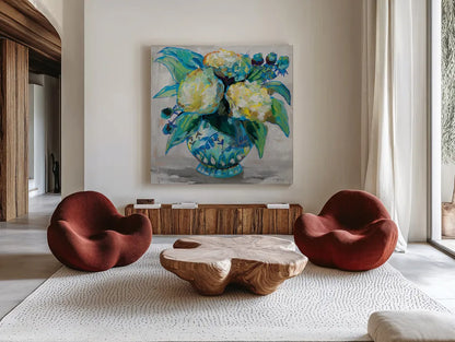 Ginger Jar I Gray by Jeanette Vertentes. Shown as extra-large giant wall art in a modern living room. Available as an archival giclee rolled canvas, fine art paper, or poster print. SKU 54308a.