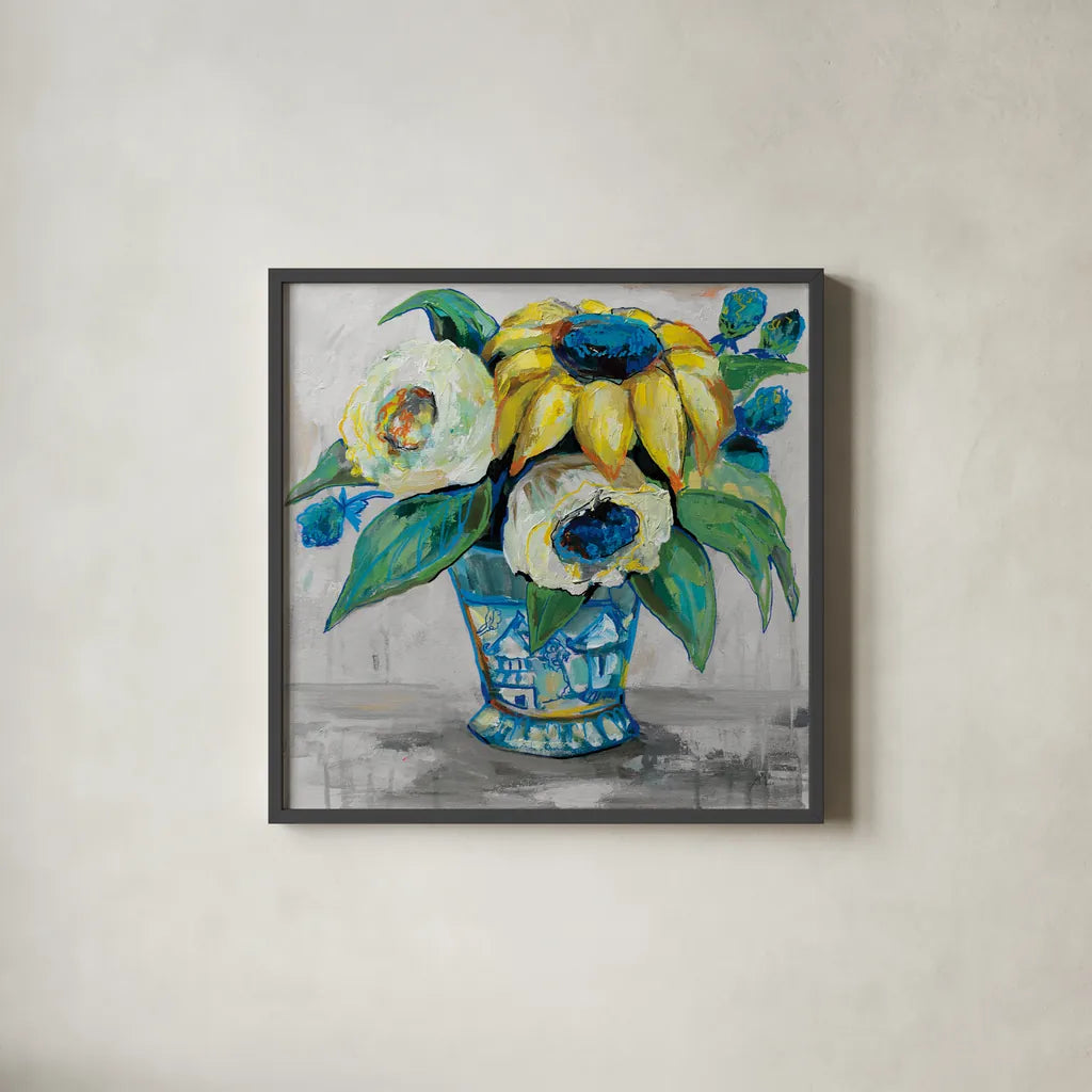 Ginger Jar II Gray by Jeanette Vertentes. Shown in a sleek black glass frame for a contemporary gallery look. Available as an archival giclee rolled canvas, fine art paper, or poster print. SKU 54309a.