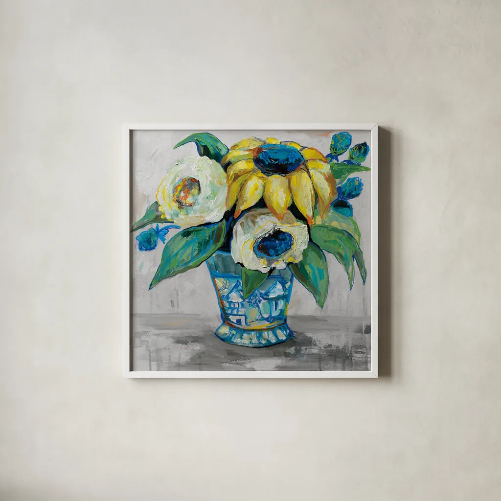 Ginger Jar II Gray by Jeanette Vertentes. Shown in a crisp white glass frame for a clean and minimalist style. Available as an archival giclee rolled canvas, fine art paper, or poster print. SKU 54309a.