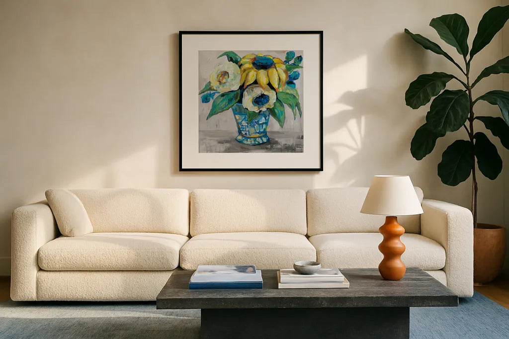 Ginger Jar II Gray by Jeanette Vertentes. Displayed in a glass frame with matte in a clean modern living room. Available as an archival giclee rolled canvas, fine art paper, or poster print. SKU 54309a.