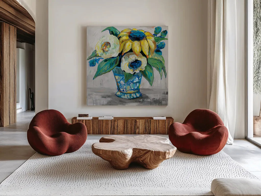 Ginger Jar II Gray by Jeanette Vertentes. Shown as extra-large giant wall art in a modern living room. Available as an archival giclee rolled canvas, fine art paper, or poster print. SKU 54309a.