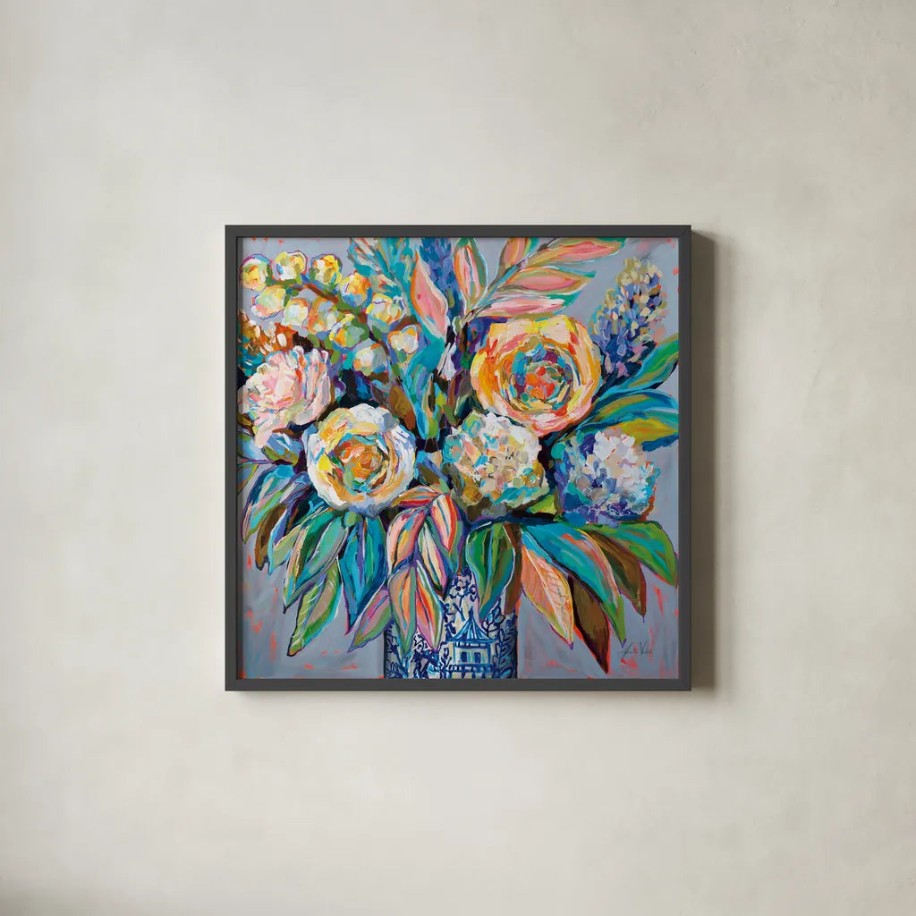 Ginger Party by Jeanette Vertentes. Shown in a sleek black glass frame for a contemporary gallery look. Available as an archival giclee rolled canvas, fine art paper, or poster print. SKU 74812a.