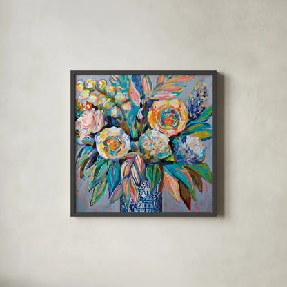 Ginger Party by Jeanette Vertentes. Shown in a sleek black glass frame for a contemporary gallery look. Available as an archival giclee rolled canvas, fine art paper, or poster print. SKU 74812a.