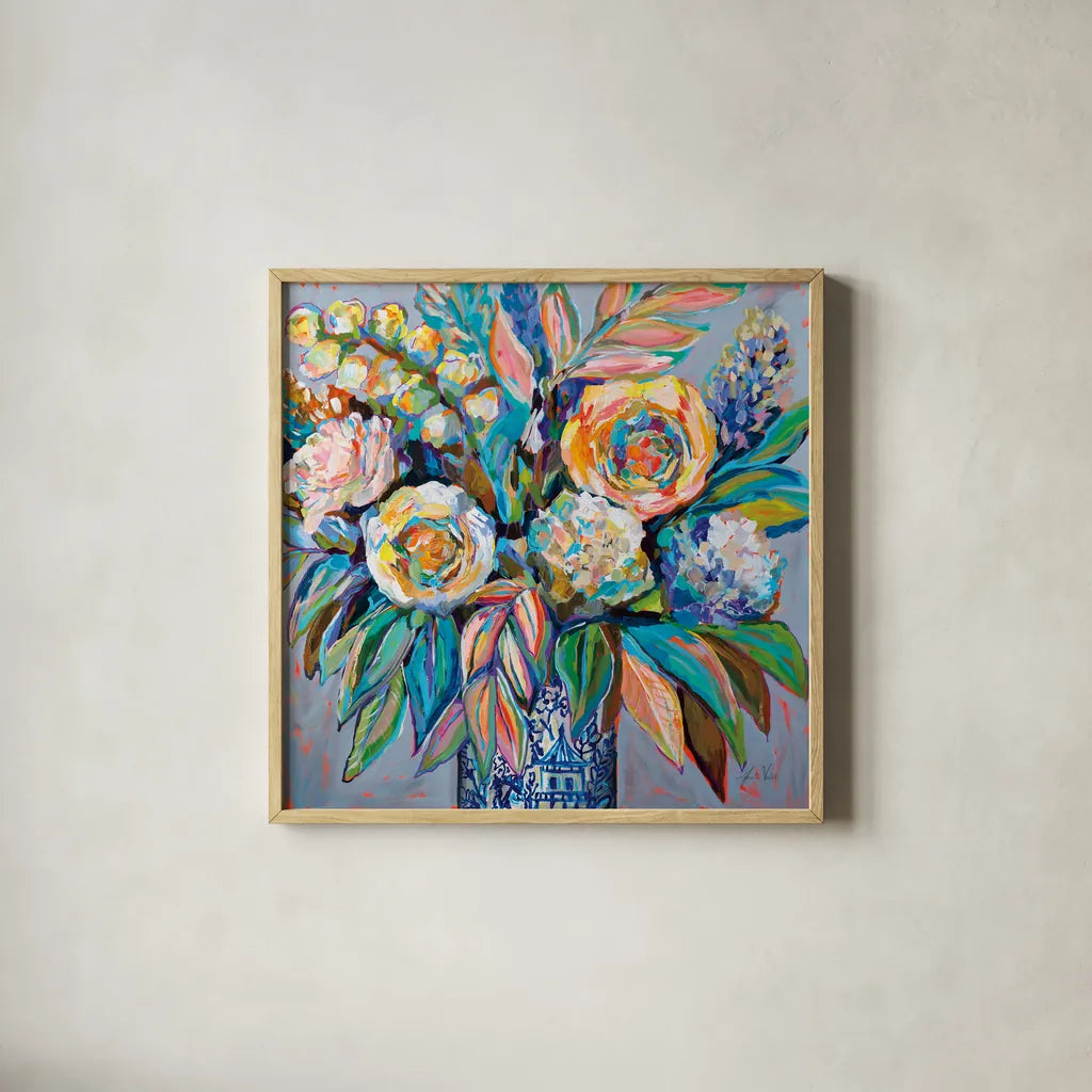 Ginger Party by Jeanette Vertentes. Shown in a natural wood glass frame for a timeless modern aesthetic. Available as an archival giclee rolled canvas, fine art paper, or poster print. SKU 74812a.