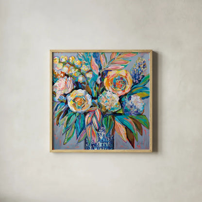 Ginger Party by Jeanette Vertentes. Shown in a natural wood glass frame for a timeless modern aesthetic. Available as an archival giclee rolled canvas, fine art paper, or poster print. SKU 74812a.