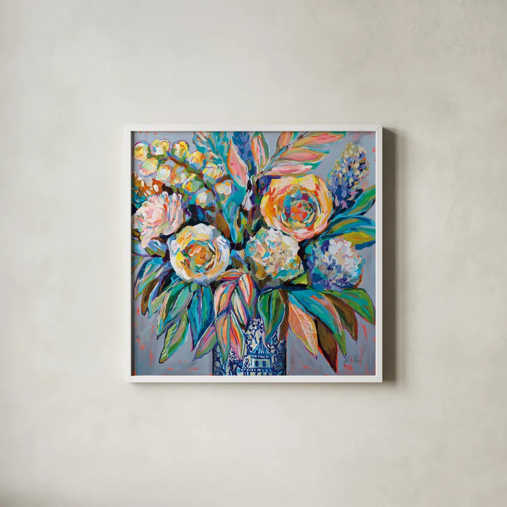 Ginger Party by Jeanette Vertentes. Shown in a crisp white glass frame for a clean and minimalist style. Available as an archival giclee rolled canvas, fine art paper, or poster print. SKU 74812a.