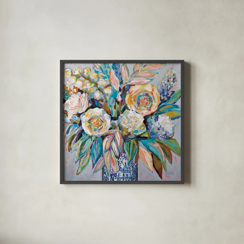 Ginger Party Light by Jeanette Vertentes. Shown in a sleek black glass frame for a contemporary gallery look. Available as an archival giclee rolled canvas, fine art paper, or poster print. SKU 75826a.