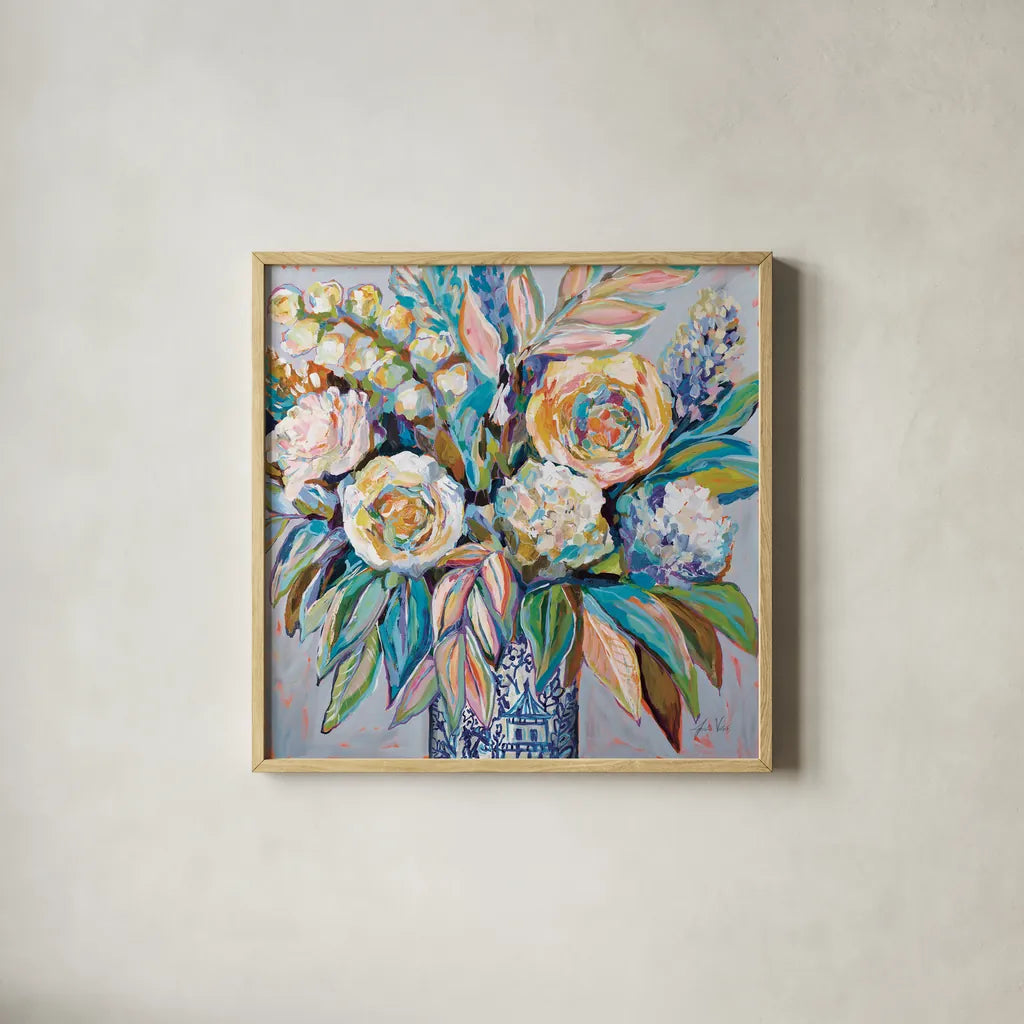Ginger Party Light by Jeanette Vertentes. Shown in a natural wood glass frame for a timeless modern aesthetic. Available as an archival giclee rolled canvas, fine art paper, or poster print. SKU 75826a.