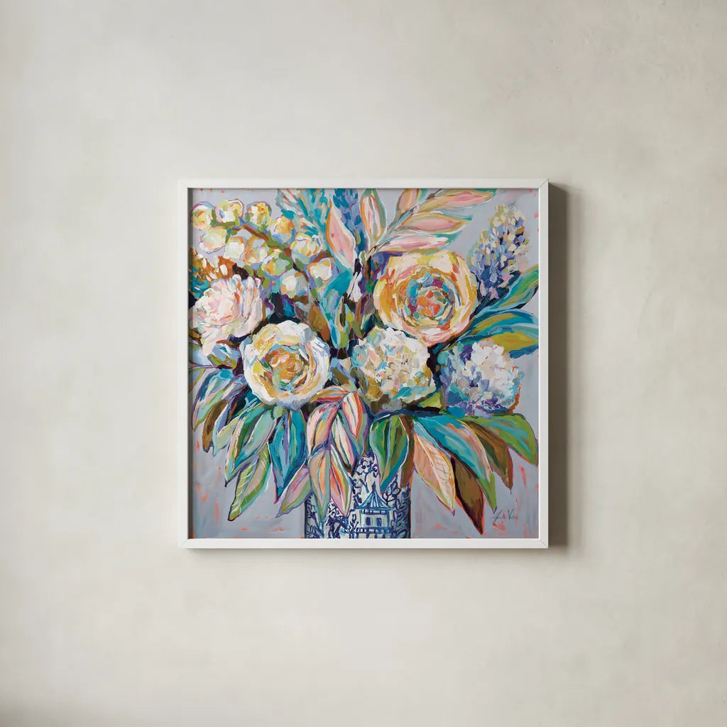 Ginger Party Light by Jeanette Vertentes. Shown in a crisp white glass frame for a clean and minimalist style. Available as an archival giclee rolled canvas, fine art paper, or poster print. SKU 75826a.