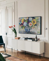 Ginger Pop by Jeanette Vertentes. shown as a framed stretched canvas in a living room above a console. Available as a archival giclee rolled canvas, fine art paper, or poster print. SKU 93139i.