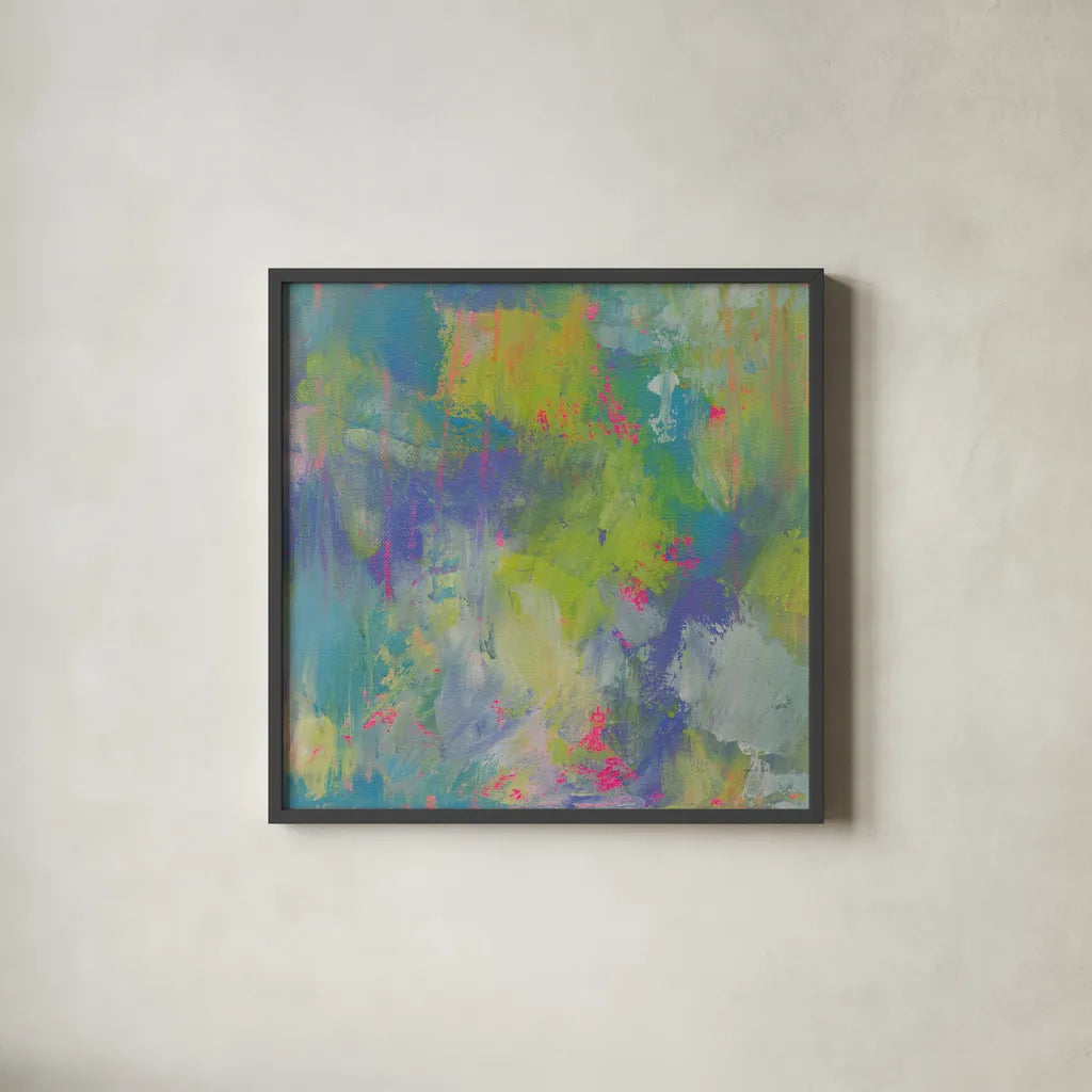 Glee by Jeanette Vertentes. Shown in a sleek black glass frame for a contemporary gallery look. Available as an archival giclee rolled canvas, fine art paper, or poster print. SKU 55479a.
