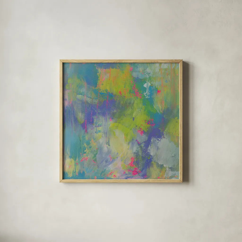 Glee by Jeanette Vertentes. Shown in a natural wood glass frame for a timeless modern aesthetic. Available as an archival giclee rolled canvas, fine art paper, or poster print. SKU 55479a.
