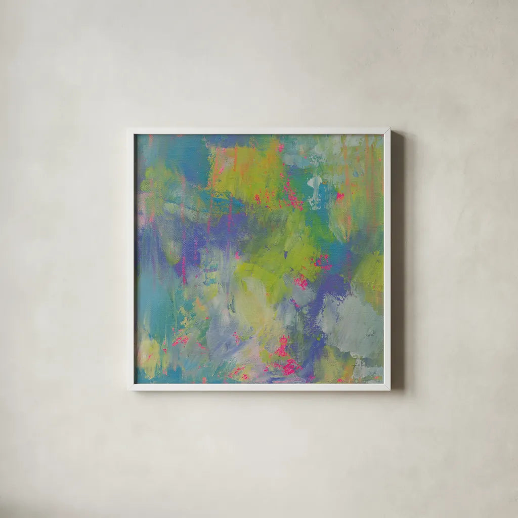 Glee by Jeanette Vertentes. Shown in a crisp white glass frame for a clean and minimalist style. Available as an archival giclee rolled canvas, fine art paper, or poster print. SKU 55479a.