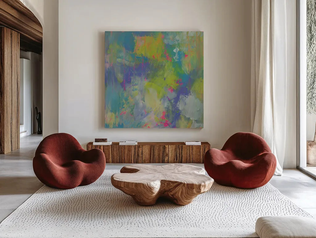 Glee by Jeanette Vertentes. Shown as extra-large giant wall art in a modern living room. Available as an archival giclee rolled canvas, fine art paper, or poster print. SKU 55479a.