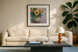 Glow by Jeanette Vertentes. Displayed in a glass frame with matte in a clean modern living room. Available as an archival giclee rolled canvas, fine art paper, or poster print. SKU 49140a.
