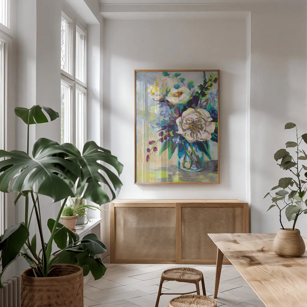 Glowing by Jeanette Vertentes. shown as a print in a natural wood frame in a dining room. Available as a archival giclee rolled canvas, fine art paper, or poster print. SKU 53975h.