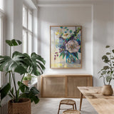 Glowing on White by Jeanette Vertentes. shown as a print in a natural wood frame in a dining room. Available as a archival giclee rolled canvas, fine art paper, or poster print. SKU 58942h.