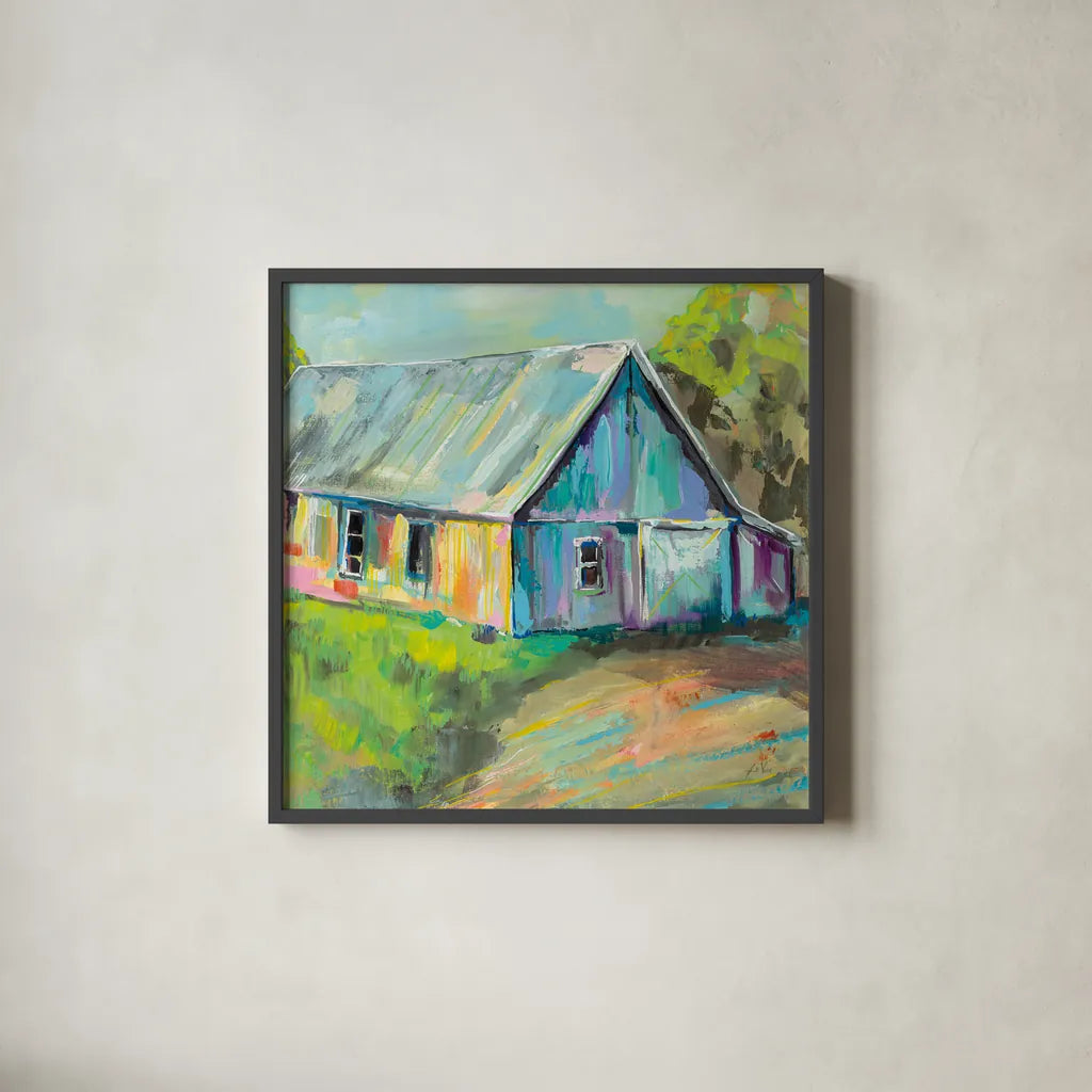 Going to the Country I by Jeanette Vertentes. Shown in a sleek black glass frame for a contemporary gallery look. Available as an archival giclee rolled canvas, fine art paper, or poster print. SKU 53190a.