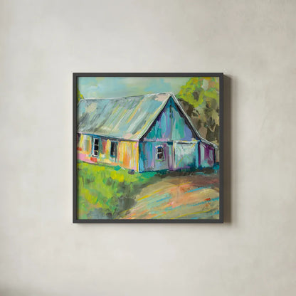 Going to the Country I by Jeanette Vertentes. Shown in a sleek black glass frame for a contemporary gallery look. Available as an archival giclee rolled canvas, fine art paper, or poster print. SKU 53190a.
