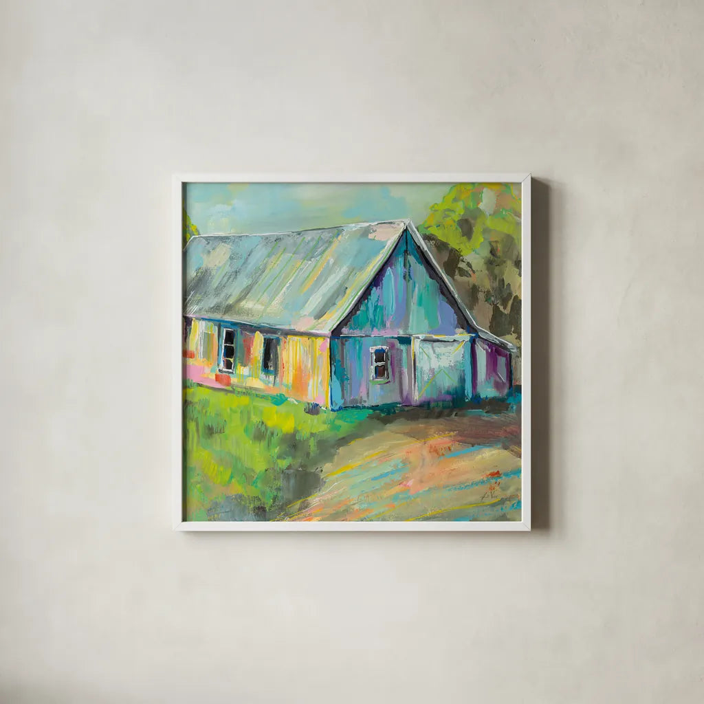 Going to the Country I by Jeanette Vertentes. Shown in a crisp white glass frame for a clean and minimalist style. Available as an archival giclee rolled canvas, fine art paper, or poster print. SKU 53190a.