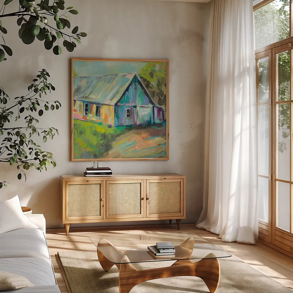 Going to the Country I by Jeanette Vertentes. Shown in a natural wood frame in a cozy modern living room. Available as an archival giclee rolled canvas, fine art paper, or poster print. SKU 53190a.