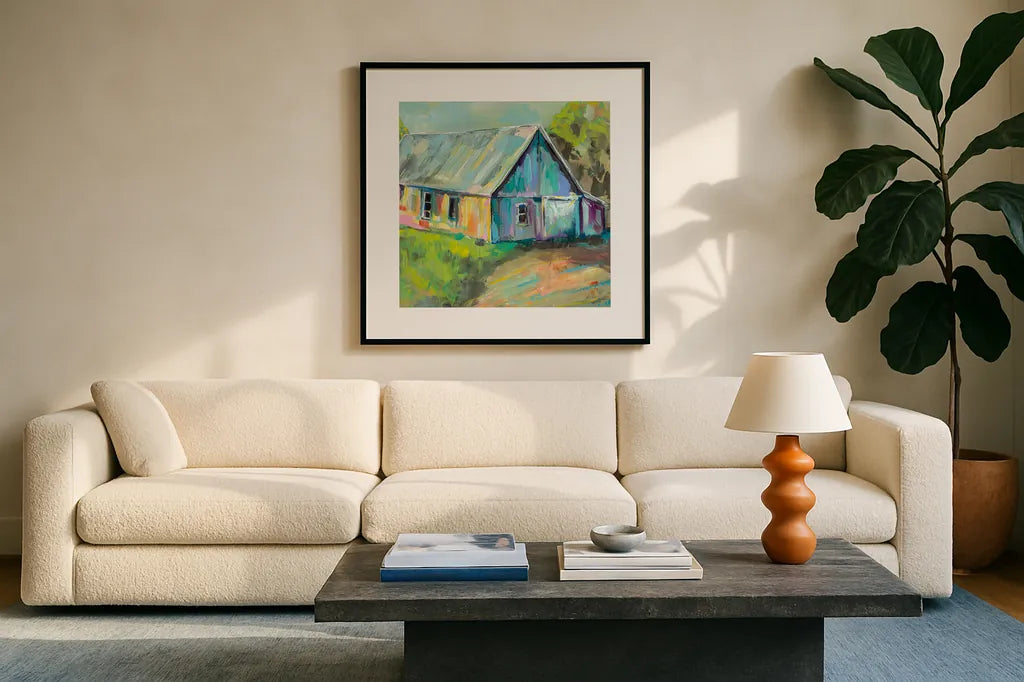 Going to the Country I by Jeanette Vertentes. Displayed in a glass frame with matte in a clean modern living room. Available as an archival giclee rolled canvas, fine art paper, or poster print. SKU 53190a.