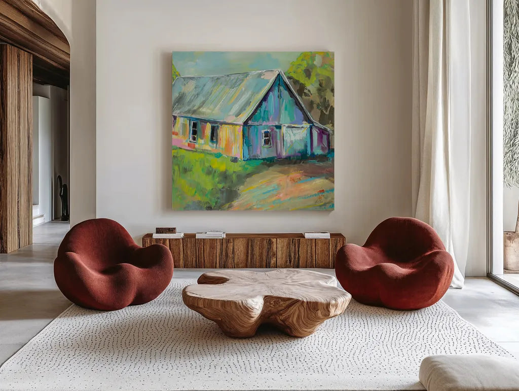 Going to the Country I by Jeanette Vertentes. Shown as extra-large giant wall art in a modern living room. Available as an archival giclee rolled canvas, fine art paper, or poster print. SKU 53190a.