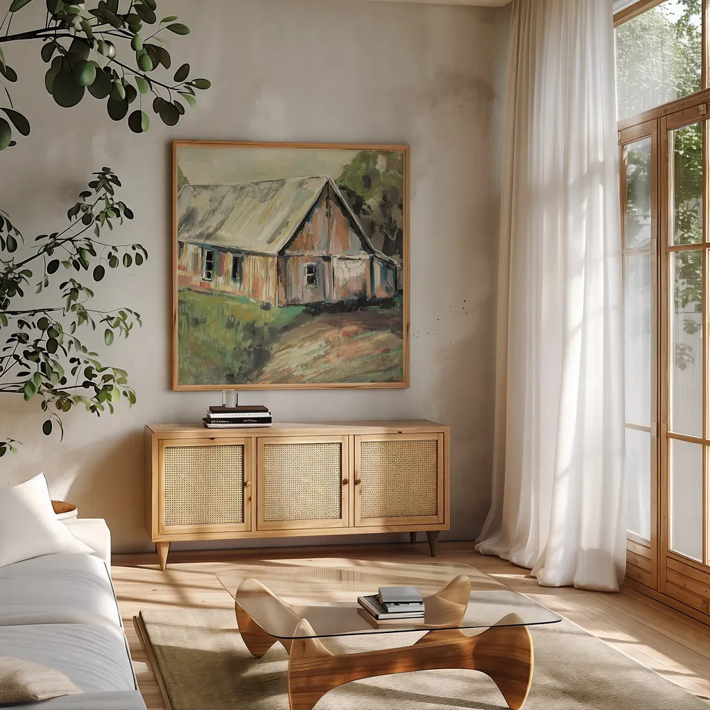 Going to the Country I Earth by Jeanette Vertentes. Shown in a natural wood frame in a cozy modern living room. Available as an archival giclee rolled canvas, fine art paper, or poster print. SKU 56474a.