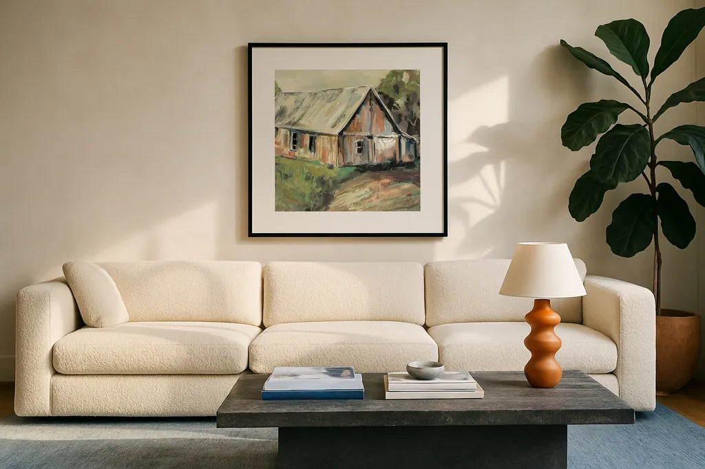 Going to the Country I Earth by Jeanette Vertentes. Displayed in a glass frame with matte in a clean modern living room. Available as an archival giclee rolled canvas, fine art paper, or poster print. SKU 56474a.