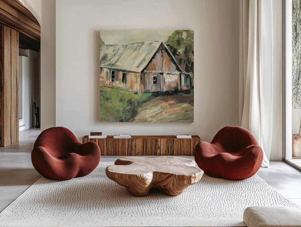 Going to the Country I Earth by Jeanette Vertentes. Shown as extra-large giant wall art in a modern living room. Available as an archival giclee rolled canvas, fine art paper, or poster print. SKU 56474a.