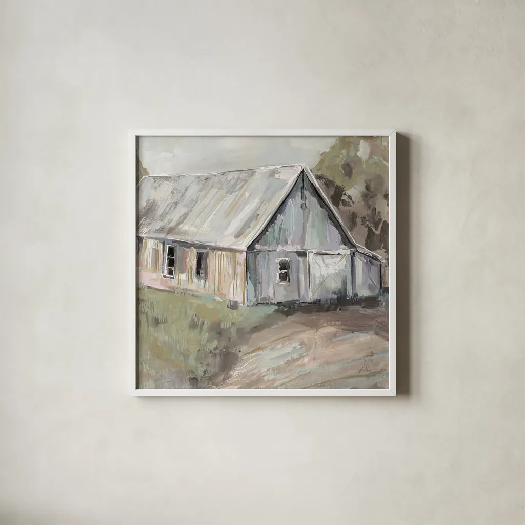 Going to the Country I Neutral by Jeanette Vertentes. Shown in a crisp white glass frame for a clean and minimalist style. Available as an archival giclee rolled canvas, fine art paper, or poster print. SKU 53451a.