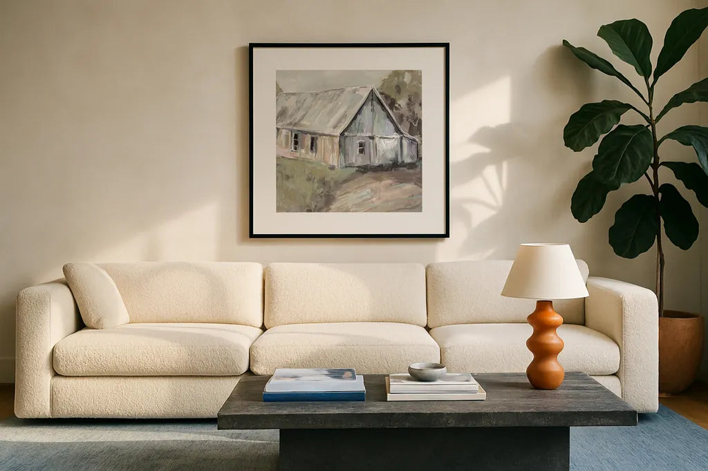 Going to the Country I Neutral by Jeanette Vertentes. Displayed in a glass frame with matte in a clean modern living room. Available as an archival giclee rolled canvas, fine art paper, or poster print. SKU 53451a.