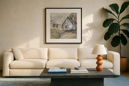 Going to the Country I Neutral by Jeanette Vertentes. Displayed in a glass frame with matte in a clean modern living room. Available as an archival giclee rolled canvas, fine art paper, or poster print. SKU 53451a.