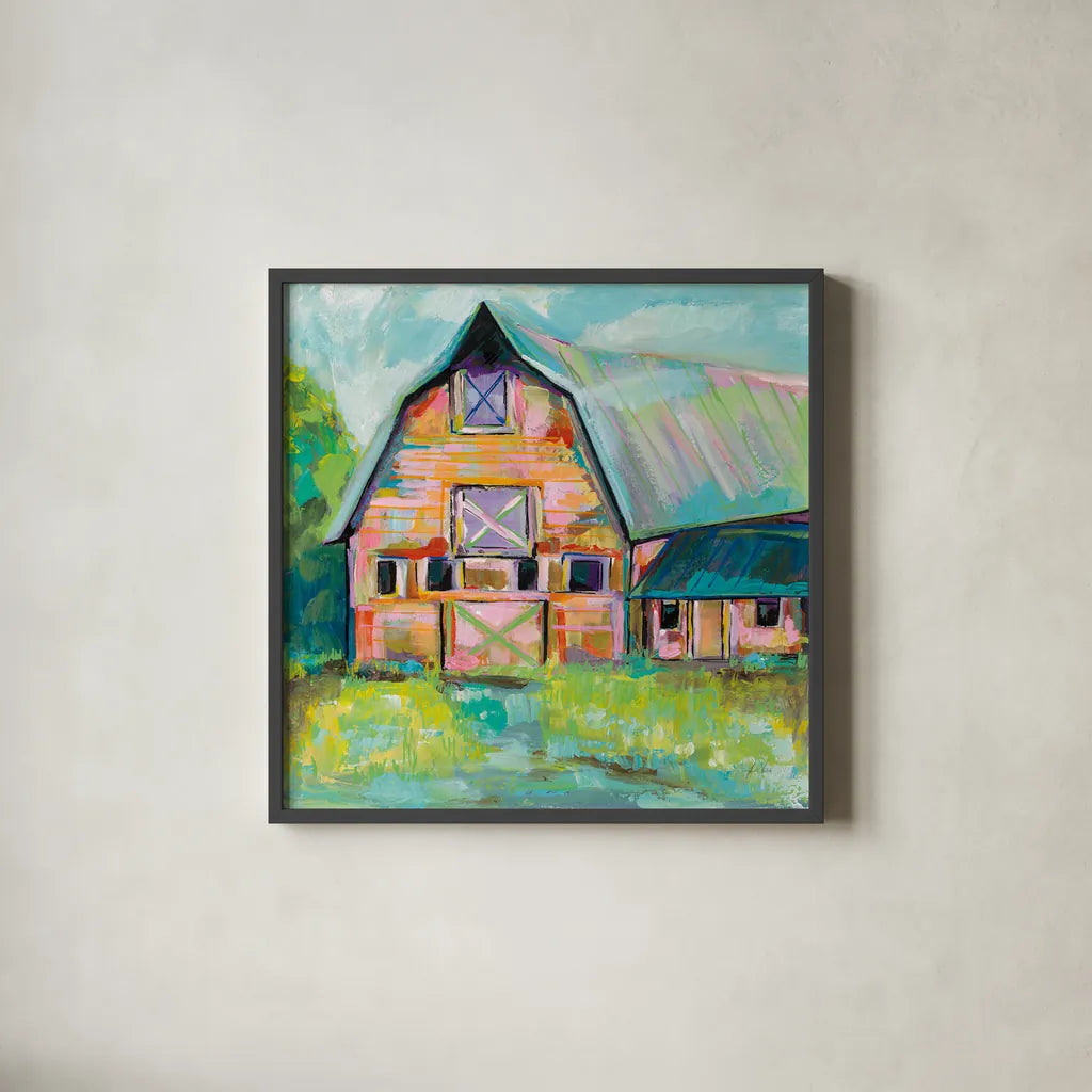 Going to the Country II by Jeanette Vertentes. Shown in a sleek black glass frame for a contemporary gallery look. Available as an archival giclee rolled canvas, fine art paper, or poster print. SKU 53191a.