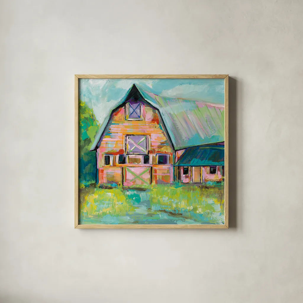 Going to the Country II by Jeanette Vertentes. Shown in a natural wood glass frame for a timeless modern aesthetic. Available as an archival giclee rolled canvas, fine art paper, or poster print. SKU 53191a.