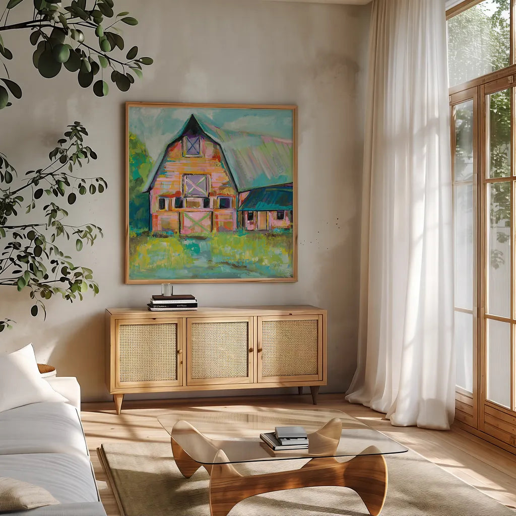 Going to the Country II by Jeanette Vertentes. Shown in a natural wood frame in a cozy modern living room. Available as an archival giclee rolled canvas, fine art paper, or poster print. SKU 53191a.
