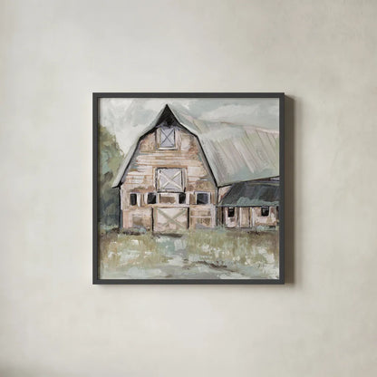 Going to the Country II Neutral by Jeanette Vertentes. Shown in a sleek black glass frame for a contemporary gallery look. Available as an archival giclee rolled canvas, fine art paper, or poster print. SKU 53452a.